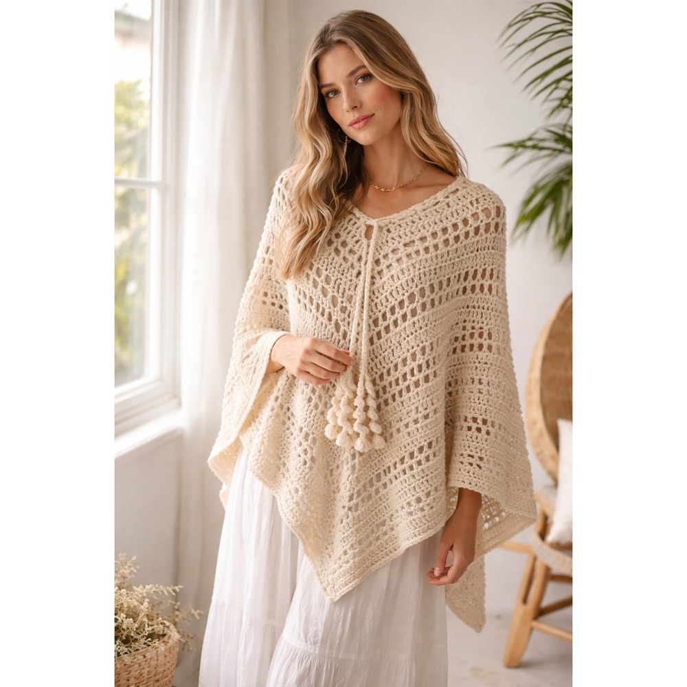 NWT Handmade Wool Crochet Poncho Shawl Boho Fringe Tie Front Cream  Artisasan